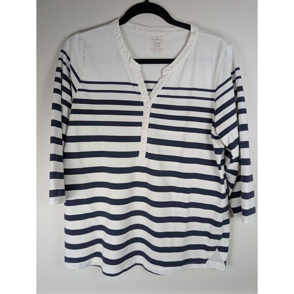 LL Bean Split Neck Shirt Stripe 3/4 Sleeve Size M Reg Nautical Beachy Preppy - Picture 1 of 11
